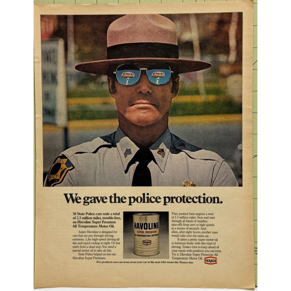 Havoline Super Premium Motor Oil Police Protection Texaco Vintage Print Ad 1972